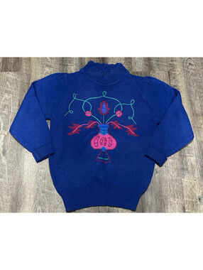 Lucia Vintage Women's M Blue Acrylic Mock Neck Embroidered Sweater